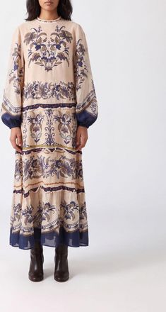 Farm Rio Liz Ethnic Print Viscose Midi Tunic Dress with Balloon Sleeves