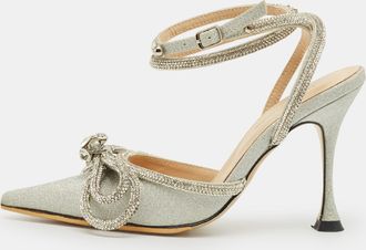 Mach & Mach Silver Glitter Double Bow Crystal Embellished Pumps