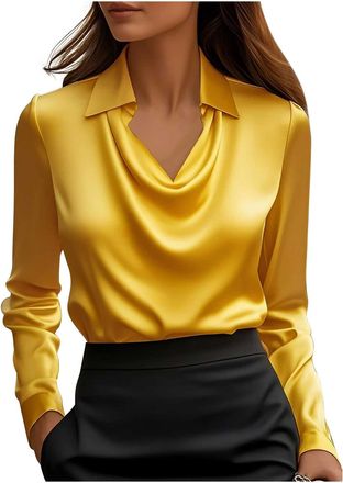 Generic Keepink Womens Long Sleeve Tops Elegant Cowl Neck Satin Blouse Dressy Business Casual Office Work Silk Shirt Elegant Ladies Tunic Top Loose Comfy Shir