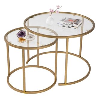Dmora Mesa De Centro Simaxis, Modular, Forma Redonda, Tablero De Vidrio, 60x60x43h Cm Oro