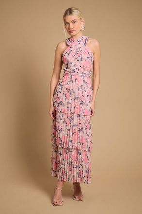 Oasis Womens Halterneck Pleated Tiered Maxi Dress - Light Pink - Size 10 UK