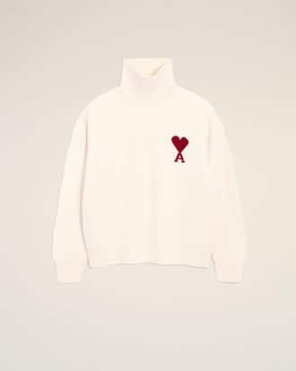 Ami Natural Wool Funnel Neck Sweater With Contrasted Ami De Coeur White - XL - Unisex