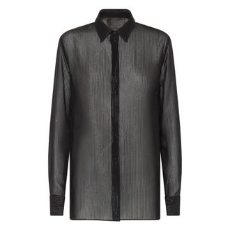Philipp Plein Lurex Pinstriped Silk Voile Shirt - Dames - Overhemden - Zwart - S - Overhemden