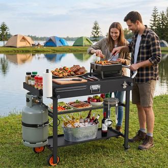 Costway Costway Folding Grill Cart w/ Wheels 3-Tier Outdoor Cooking Table w/ Hooks in Black