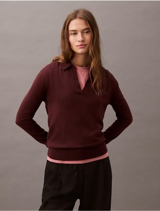 Calvin Klein Womens Extra Fine Merino Blend Polo Sweater - Brown - XS