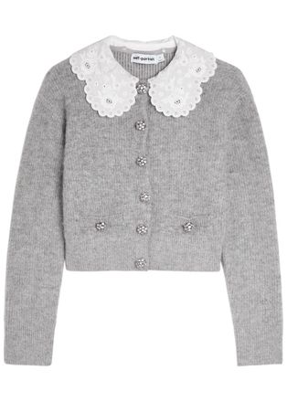Self Portrait Embroidered-collar Embellished Metallic-knit Cardigan - Grey - S (UK8-10 / S)