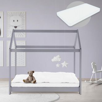 ML Design Ml-design - Cama Infantil Gris Claro Con Colch&oacute;n De Espuma Fr&iacute;a 70x140 Cm Techo Somier Estructura Listones De Madera Maciza De Pino Para Ni&ntilde;as Y Ni&ntilde;os