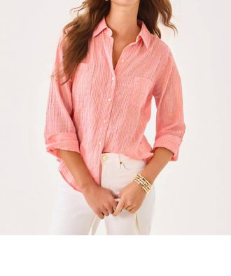 Lilly Pulitzer Sea View Button Down Shirt In Papaya X Conch Shell Pink Shirting Stripe