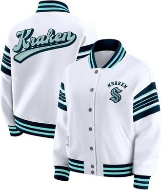 WEAR by Erin Andrews Womens WEAR by Erin Andrews White/Deep Sea Blue Seattle Kraken Full-Snap Fleece Sweatshirt Jacket at Nordstrom, Size Medium