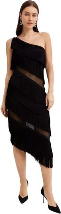 Norma Kamali Asymmetrische Midi-jurk met Franjes - Dames - Casual kleedjes - Zwart - L - Polyester - Kleedjes