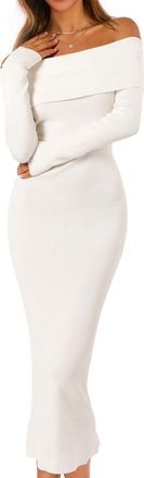Merokeety Womens Fall Off Shoulder Bodycon Sweater Dress Formal Long Sleeve Elegant Club Party Midi Maxi Dresses, White, XS