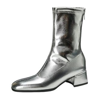 Generic Womens Mid Calf Boots Round Toe Medium Chunky Heel With Side Zipper And Glossy Finish For Dating And Outings