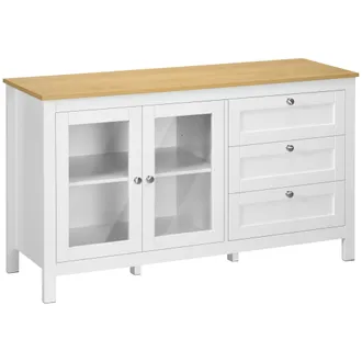 HOMCOM Homcom - Aparador Para Sal&oacute;n Armario Auxiliar Con 2 Puertas De Vidrio 3 Cajones Y Estante Ajustable Para Cocina Comedor Pasillo 120x40x70 Cm Blanco
