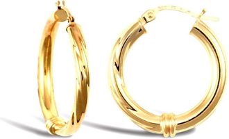 Jewelco London 9ct Gold Half and Half Twisted Collar 3mm Hoop Earrings 21mm - JER079