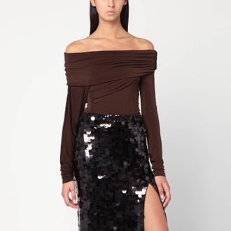 Andamane Top con spalle scoperte in jersey marrone