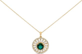 House of Brilliance 14K Yellow Gold Plated Sterling Silver 8mm Lab Created Emerald Sunburst Medallion Pendant Necklace