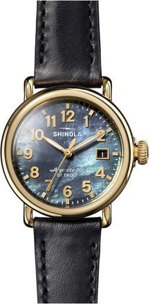 Shinola Runwell Leather Strap Watch, 36mm in Black Mother Of Pearl at Nordstrom