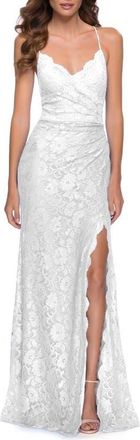 La Femme Lace Long Dress with Scallop Detail on Skirt Slit in Ivory at Nordstrom, Size 00