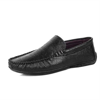 Generic Mens Loafers Shoe PU Embossed Round Toe Stitching Details Slip Resistant Flat Heel Flexible Comfortable Driving Party Slip-ons(Black,7.5 UK)
