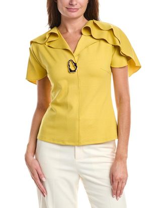 Gracia Ruffled Neck & Sleeve Brooch Detail Top