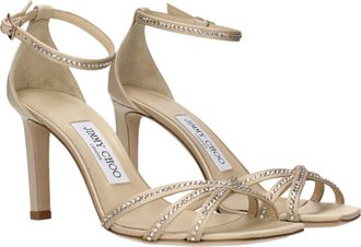 Jimmy Choo London Womens Satin Stiletto With Crystal Straps Beige