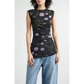 Stella McCartney Twisted Floral Mesh Top in Black Multi at Nordstrom, Size X-Small