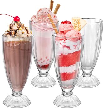 OEM Juego De 4 Vasos Para Batidos, 350 Ml - Vidrio Sin Plomo, Forma De Fuente De Sodas, Postre