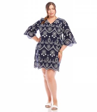 Karen Kane Flare Sleeve Embroidered Dress - Plus In Navy With Off White