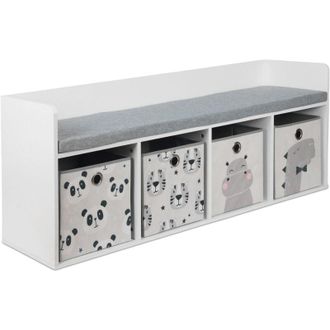 Relaxdays Relaxdays panca per bambini con contenitore, 54x142x32 cm, 4 casse pieghevoli, motivi animali, cuscino, bianco/grigio