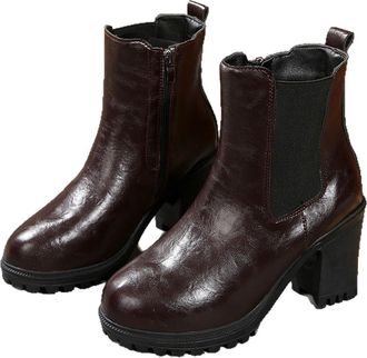 Generic Womens Chunky Heel Round Toe Mid Calf Boots Side Zipper Fashion Booties for Fall and Winter Comfort Everyday Casual Ladies Boots(Brown, 8.5)