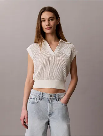 Calvin Klein Jeans Calvin Klein Womens Monogram Crochet Cropped Top - White - L