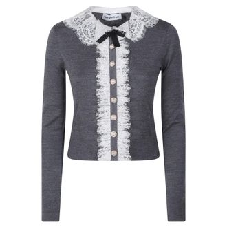 Self Portrait Lace Collar Knit Cardigan - female - Self Portrait - Cardigans - Gray - S - Knitwear