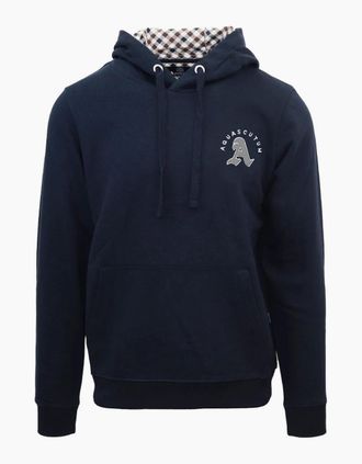 Aquascutum Mens Hooded Neck Long Sleeve Sweatshirt with Kangaroo Pocket - Navy - Size: 36
