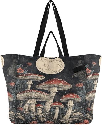 Generic Mushroom Moon Black pattern Reusable Canvas Tote Bag, Heavy Duty Grocery Shopping Bag with Large Capacity Hard Bottom Double Handles Work Groceries Tr