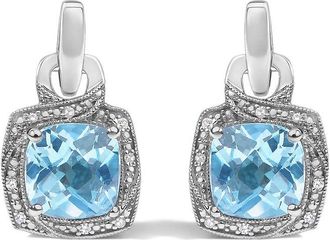 House of Brilliance Sterling Silver Cushion Cut Blue Topaz and Diamond Accent Geometric Dangle Earrings