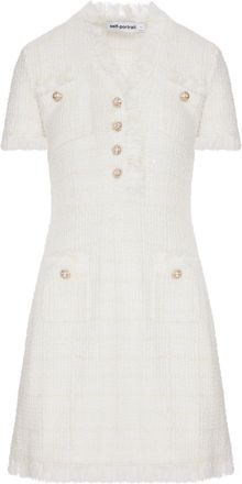 Self Portrait SHORT TWEED DRESS WITH JEWEL BUTTONS AND FRINGED EDGES - Self-portrait - Woman