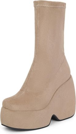 Generic Womens Mid-Calf Wedge Platform Boots Stretch Suede Slip-On Round Toe Neutral Color Modern Style Daily Casual Party Date Shoes,Khaki,4.5 UK