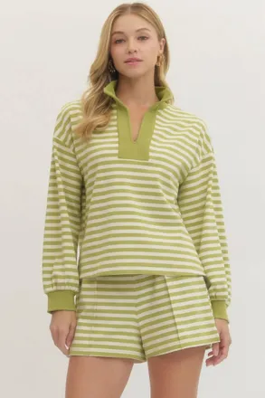 Entro Stripe Lounge Pullover Top In Matcha