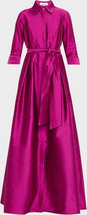 Teri Jon 3/4-Sleeve Taffeta Shirtdress Gown