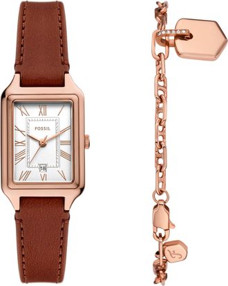 Fossil Womens Raquel Three-Hand Date, Rose Gold-Tone Stainless Steel Watch and Bracelet Set