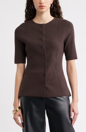 Nordstrom Crewneck Elbow Sleeve Cardigan in Brown Mole at Nordstrom, Size Xx-Large