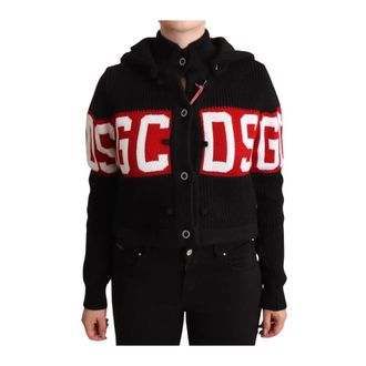 GCDS Gcds - Cashmere Hooded Button Down Logo Cardigan Jacket - Dames - Truien - Zwart - Maat: XS Kasjmier