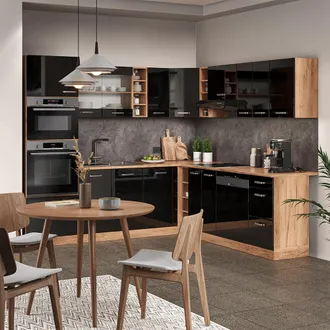 Vicco Cocina Esquinera R-line, Roble Negro/dorado De Alto Brillo, 237 X 60 Cm Sin Encimera