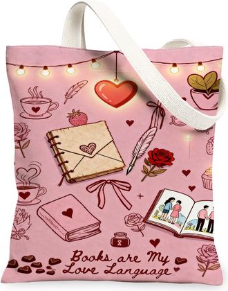 Generic Romantic Heart Canvas Tote Bags, Vintage Floral Design Lightweight Washable Shopping Bags, Perfect for ValentineS Day, Reu, Peach, 13x15 Inch
