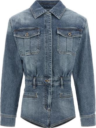 Self Portrait Rhinestone Denim Playsuit - Dames - Playsuits - Blauw - S - Denim - Jumpsuits & Playsuits