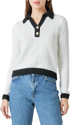 endless rose Johnny Collar Long Sleeve Polo Sweater In White/black