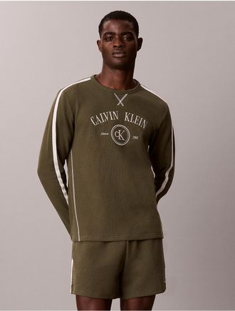 Calvin Klein Mens Brushed Waffle Long Sleeve Sleep Tee - Green - XL