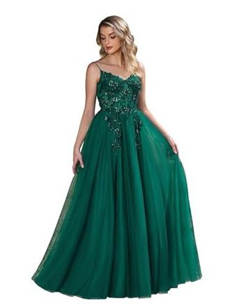 Robe De Soirée Longue Misshow - Paillettes, Perles, Dentelle Florale - Dos Nue, Col V - Cérémonie, Mariage