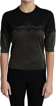 Dolce & Gabbana Glanzende Kant Pullover Top - Dames - Ronde hals truien - Zwart - XL - Katoen - Truien & Vesten