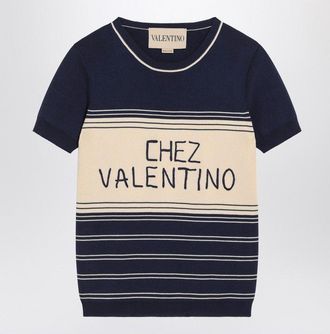 Valentino Womens Blue Ribbed Top With Chez Embroidery - Dark Blue Cotton - Size Medium